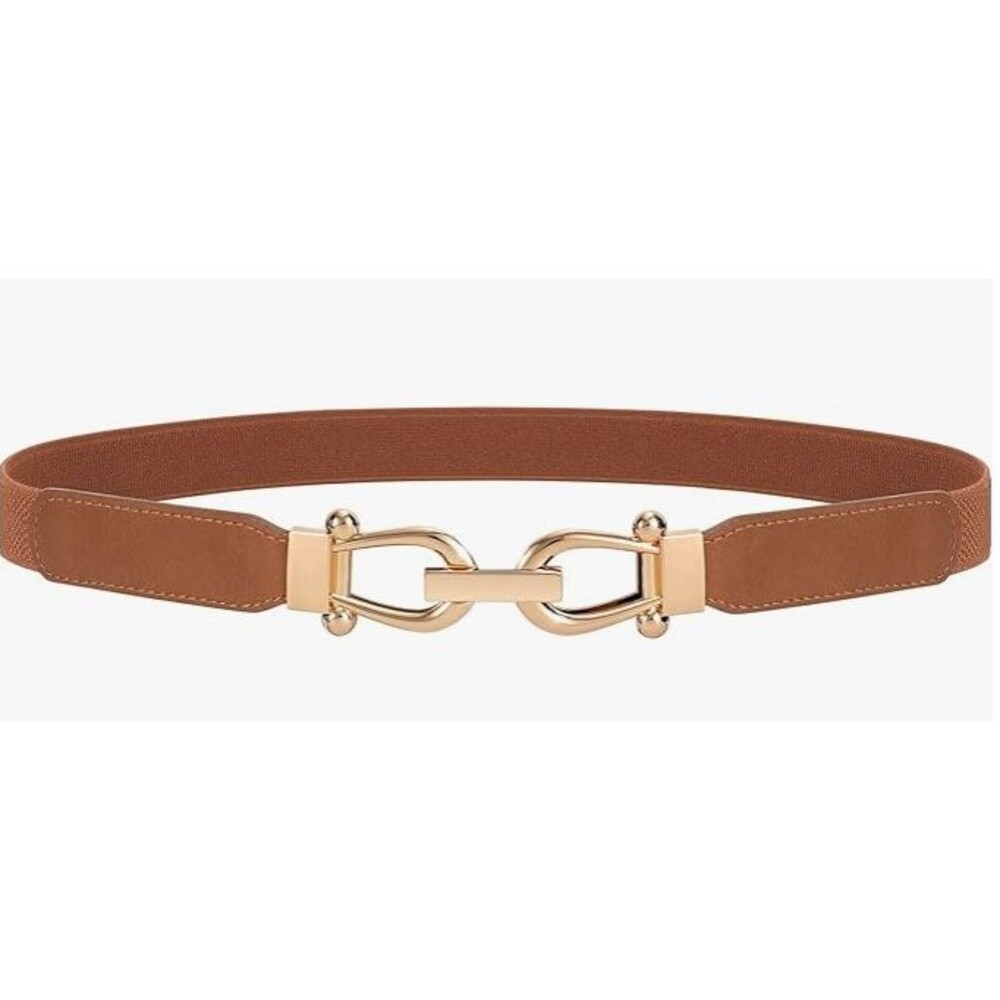 JASGOOD Skinny Belt Women Brown Stretch Waist Belt Retro Elastic with Gold 35 in